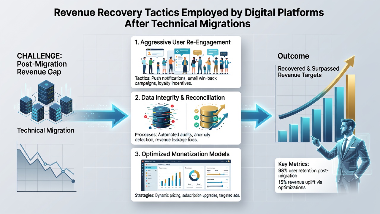 Analytics dashboards tracking revenue recovery metrics after platform migrations